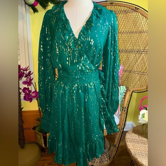 Lilly Pulitzer NWT Birdy Silk Wrap Dress Evergreen Fish Clip $328 Size 10,12 - Picture 2 of 10